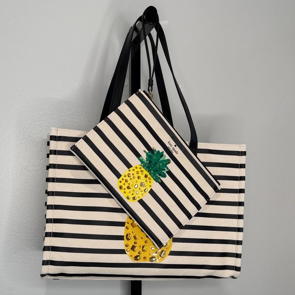 Kate Spade New York By The Pool Pineapple Embellished Canvas Tote and Wristlet